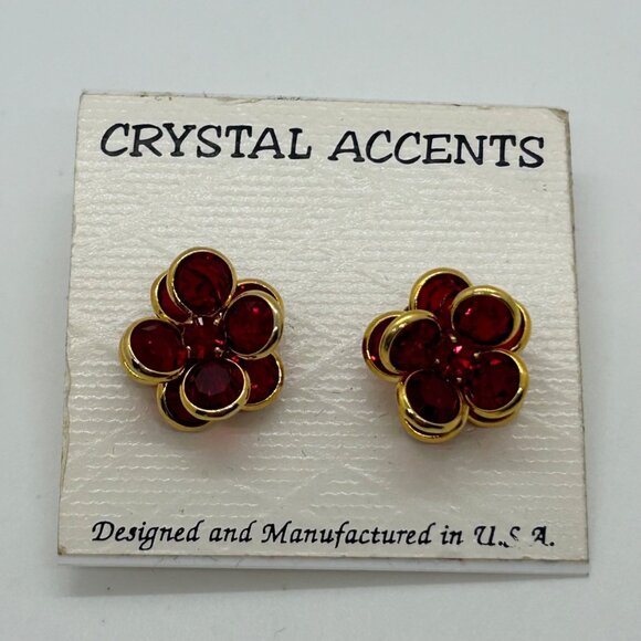 Vintage Ruby Red Flower Stud Earrings with Crystals Gold-Tone Made in the USA. - Picture 3 of 11